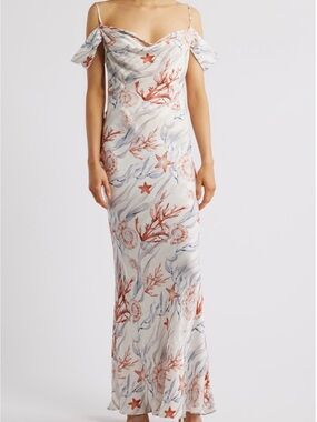 Coastal Print Maxi Slip Dress in White with Coral and Blue